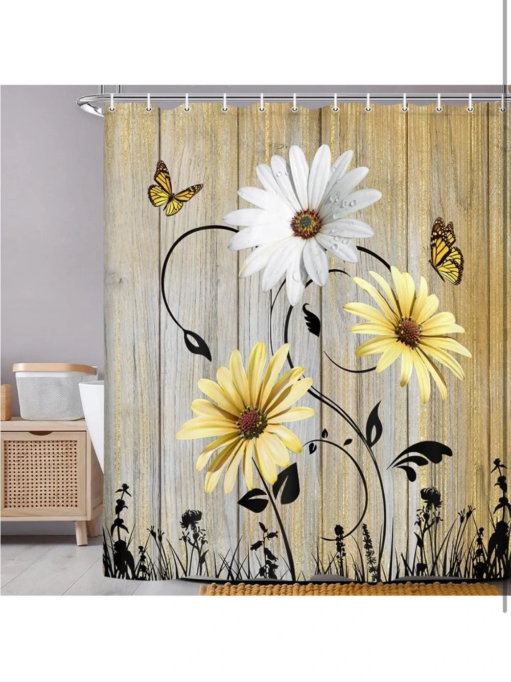Rustic farmhouse Floral Daisy Butterfly Shower Curtain